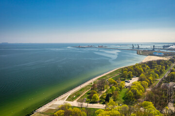 Wall Mural - Aerial view of the beach at Baltic Sea on the Westerplatte peninsula, Gdansk. Poland
