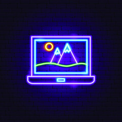 Poster - Laptop Picture Neon Sign. Vector Illustration of Landscape Promotion.