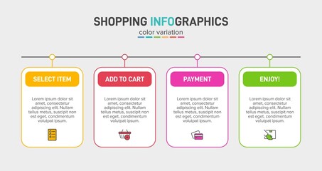 Concept of shopping process with 4 successive steps. Four colorful graphic elements. Timeline design for brochure, presentation, web site. Infographic design layout.