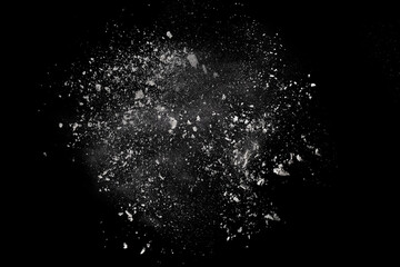 Wall Mural - white powder explosion on black background. colored cloud. colorful dust explode. paint holi.