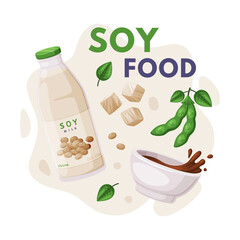 Sticker - Natural Soy Products from Soybean Plant with Milk in Bottle and Sauce Vector Composition