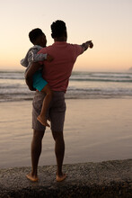 Rear View Of African American Young Man Carrying Son And Pointing Towards Sea Against Clear Sky
