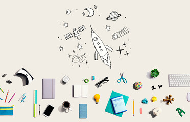 Sticker - Dream of space and rocket with collection of electronic gadgets and office supplies