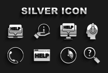 Poster - Set Browser help, Support operator in touch, Unknown search, Time Management, Telephone 24 hours support, Computer monitor and, Laptop and Information icon. Vector