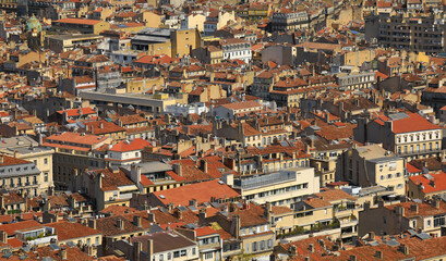 Wall Mural - Typical Marseille cityscape aerial panorama, France. Residential buildings with orange roofs.