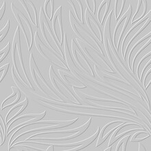 Embossed Floral Line Art Tracery 3d Seamless Pattern. Ornamental Beautiful Leafy Relief Background. Repeat Textured White Backdrop. Surface Leaves, Branches. 3d Endless Ornament With Embossing Effect