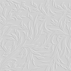 Canvas Print - Embossed floral line art tracery 3d seamless pattern. Ornamental beautiful leafy relief background. Repeat textured white backdrop. Surface leaves, branches. 3d endless ornament with embossing effect