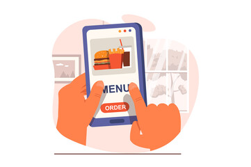 Aufkleber - Food delivery web concept in flat design. Human hand holds mobile phone, using application for ordering food at restaurant, choosing meals in menu, pay online. Vector illustration with people scene