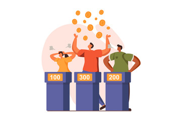 Poster - Happy competition champions web concept in flat design. Man takes part in quiz game TV show, pick up lot of score and winning money prize. Victory celebration. Vector illustration with people scene