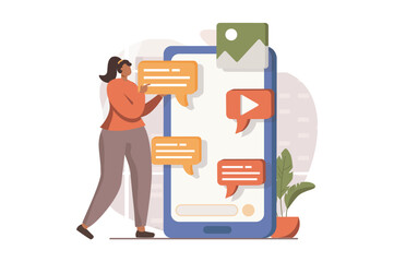 Aufkleber - Marketing web concept in flat design. Woman chatting and sending promo emails, making advertising campagn in social media, using messenger and attracting clients. Vector illustration with people scene