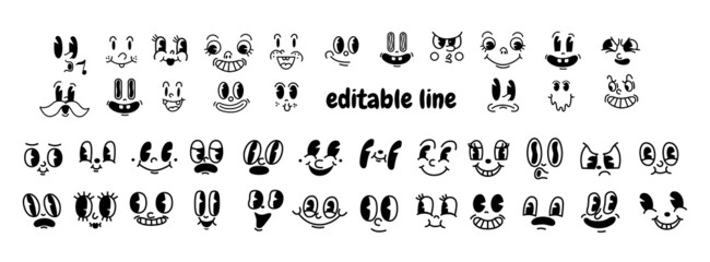 retro 30s cartoon mascot characters funny faces. 50s, 60s old animation eyes and mouths elements. vi