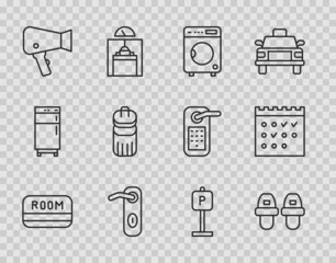 Poster - Set line Hotel key card, slippers, Washer, Door handle, Hair dryer, Trash can, Parking and booking calendar icon. Vector