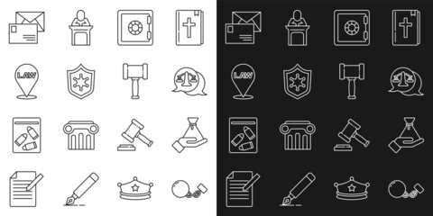 Poster - Set line Ball on chain, Bribe money bag, Scales of justice, Safe, Police badge, Location law, Envelope and Judge gavel icon. Vector