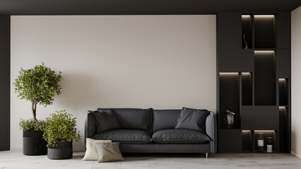 Wall Mural - Horizontal render on gray sofa with pillows. Beige background empty wall. Graphite ceiling and wall with black cabinet with shelves for decor. Large plants. Beige gray interior design. 3d rendering