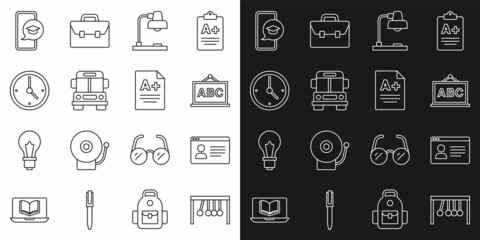 Sticker - Set line Pendulum, Online class, Chalkboard, Table lamp, School Bus, Clock, Graduation cap on mobile and Exam sheet with A plus grade icon. Vector