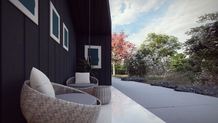 outdoor lounge in black house with blank frame 3d illustration