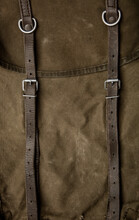 Close-up Texture Of A Canvas Fabric Backpack. Leather Straps And Metal Buckles. Vintage Khaki Back.
