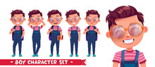 Student Boy Vector Character Set. Male Students Expression In Happy, Jolly And Cute Facial Reaction Collection Isolated In White Background For School Friendly Characters Design. Vector Illustration.
