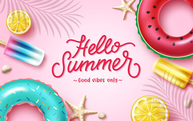 Fototapete - Summer season vector background design. Hello summer text with tropical season elements of floaters, popsicle and lemon fruit in pink decoration for sunny holiday greeting. Vector illustration.
