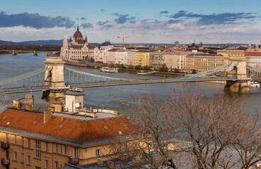 Wall Mural - Panorama with Chain Bridge and Parliament of Budapest outdoors.