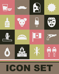 Poster - Set Maracas, Revolver gun, Aztec mask, Mexican wrestler, Dog, Tequila bottle, glass with lemon and Popsicle ice cream icon. Vector