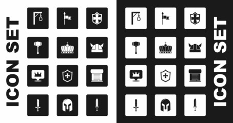 Sticker - Set Shield, King crown, Hammer, Gallows, Viking horned helmet, Medieval spear, Decree, parchment, scroll and Location icon. Vector