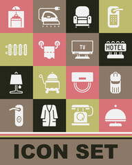 Canvas Print - Set Covered with tray, Trash can, Signboard text Hotel, Armchair, Toilet paper roll, Heating radiator, Lift and Smart Tv icon. Vector