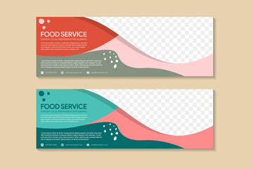 Wall Mural - abstract banner template design for  food services. horizontal layout with space for photo collage and text. colorful background and elements. liquid wave style concept.