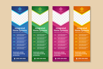 Poster - abstract banner template design for  integrated home systems. Vertical layout with space for photo collage and text. blue, green, pink and yellow background and element. down arrow shape