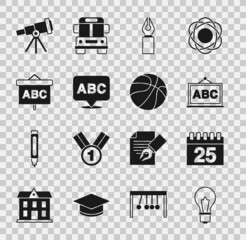 Canvas Print - Set Light bulb with idea, Calendar, Chalkboard, Fountain pen nib, Alphabet, Telescope and Basketball ball icon. Vector