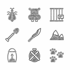 Poster - Set Machete, Canteen water bottle, Paw print, Mountains, Camping lantern, Shovel, Animal cage and Mosquito icon. Vector