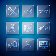 Poster - Set line Car transporter truck, Gear shifter, Diagnostics condition of car, Wrench spanner, Multimeter, battery jumper power cable, Screwdriver and wrench and Broken icon. Vector