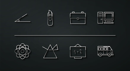 Canvas Print - Set line Acute angle, Atom, Computer monitor, Chalkboard, Light rays in prism, Stationery knife, School Bus and backpack icon. Vector