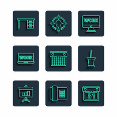 Poster - Set line Chalkboard with diagram, Telephone, Calendar, Monitor text work, Laptop, Office desk and Push pin icon. Vector