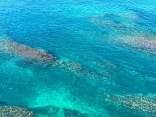 Canvas Print - Sea turquoise blue water surface aerial view. Beautiful seascape. Harmony. Zen. Ocean. 