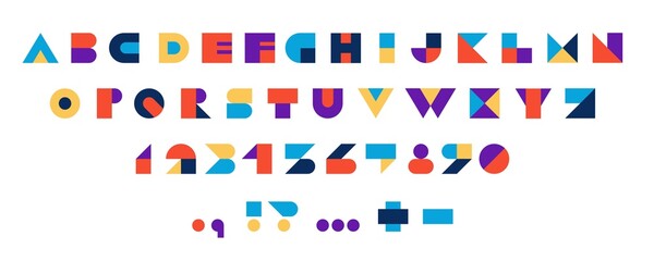 Geometric alphabet. Modern abstract typeface with numbers and punctuation marks, stylized colorful typography characters. Vector set