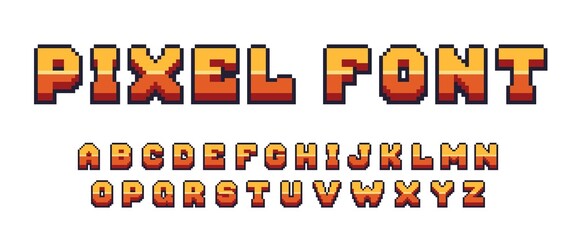 Poster - pixel game font. arcade 8 bit alphabet symbols, retro console text elements, 80s type letters. vecto