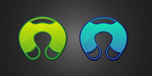 Green And Blue Travel Neck Pillow Icon Isolated On Black Background. Pillow U-shaped. Vector