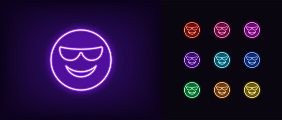 Poster - Outline neon boss emoji icon. Glowing neon cool emoticon with sunglasses and smile, confident face pictogram