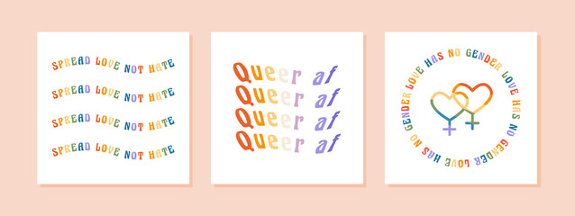 Wall Mural - Vector set of retro greeting cards for LGBTQIA Pride Month. Social media post with groovy queer slogans, wavy phrases and quotes. Same sex signs in bisexual and LGBT rainbow flag colors. Vector.