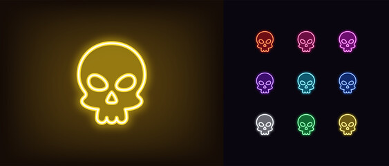 Poster - Outline neon skull emoji icon. Glowing neon Skull emoticon silhouette, skeleton head pictogram. Skull face