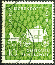 GERMANY - CIRCA 1957: A Stamp Printed In The Germany Shows Coach, Centenary Of The Death Of Joseph V. Eichendorff, Poet, Circa 1957