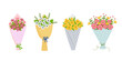 © Yaryna - Set of bouquets with blooming flowers wrapped in craft paper. Florist composition for holiday celebration. Design element for greeting card, invitation, stickers, postcard, poster, print