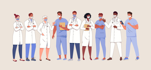 Wall Mural - Team of doctors. Ambulance, medical insurance. Portraits of physicians and nurses, employees of hospital or laboratory. Vector characters isolated on background. Illustration in flat cartoon style.