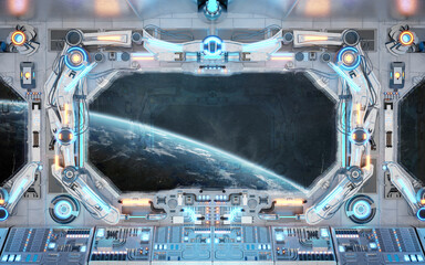 Leinwandbilder - White spaceship interior with glowing blue and red lights. Futuristic spacecraft with large window view on planet Earth. 3D rendering