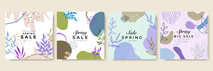 Set of hand drawn shapes in terracotta, navy blue and blush pink colors. Collection of organic shapes, logo, backgrounds,abstract design elements with floral decor.Vector illustration in earthy colors