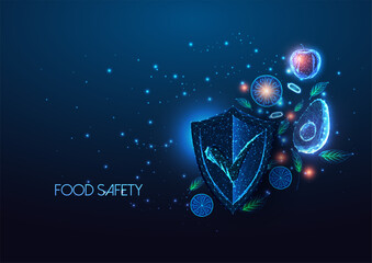 Wall Mural - Futuristic food safety control concept with glowing fruits and vegetables and shield approval mark 
