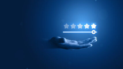 Customer hand review feedback glowing rating five star service best product quality of ranking evaluation rate or user experience good satisfaction and excellent business success on vote background.