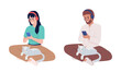 © The img - Listening to music with cat on lap semi flat color vector character set. Sitting figures. Full body people on white. Simple cartoon style illustration for web graphic design and animation