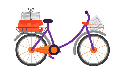 post delivery bicycle semi flat color vector element. full sized object on white. newspapers deliver